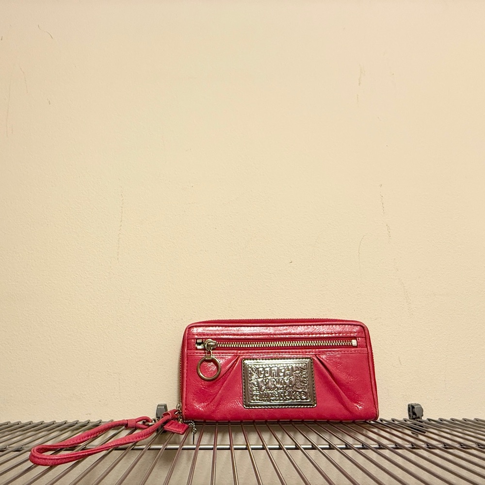 Coach Poppy Hot Pink Zip Around Wallet with Silver Accents